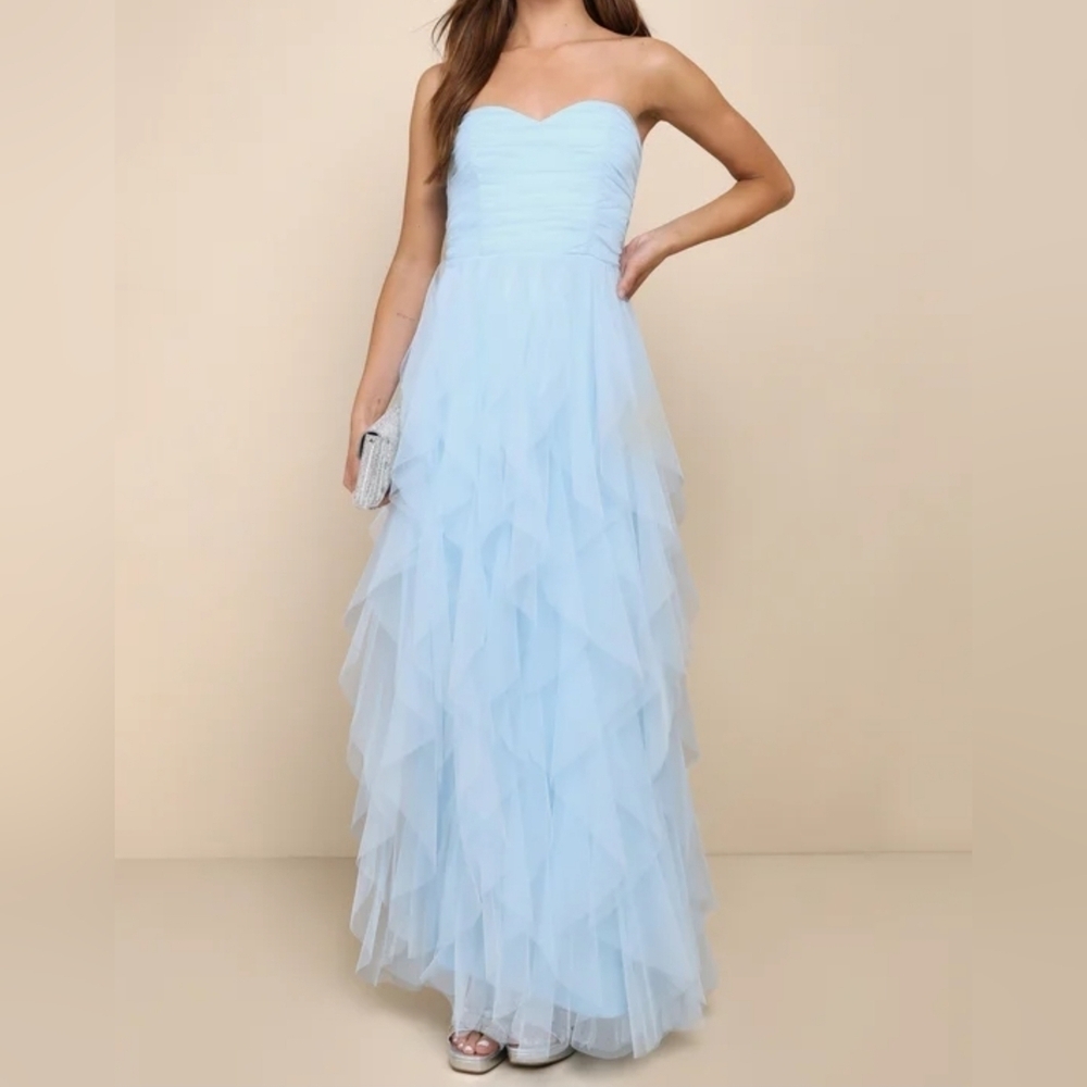 Lulus Delightful Beauty Blue Mesh Strapless Ruched Ruffled Maxi Dress, Small